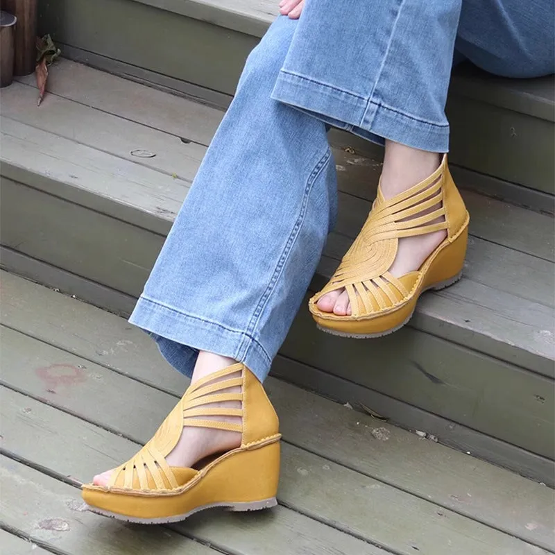 Handmade Woven Leather Gladiator Sandals Retro Peep Toe Wedges in Black/Yellow/Brown