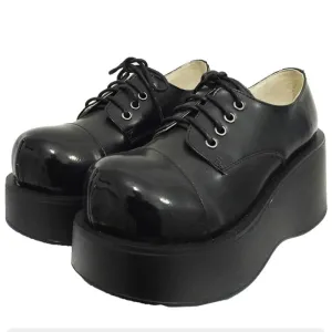 Harajuku Fashion Black Wedge Round-Toe Thick-Sole Shoes