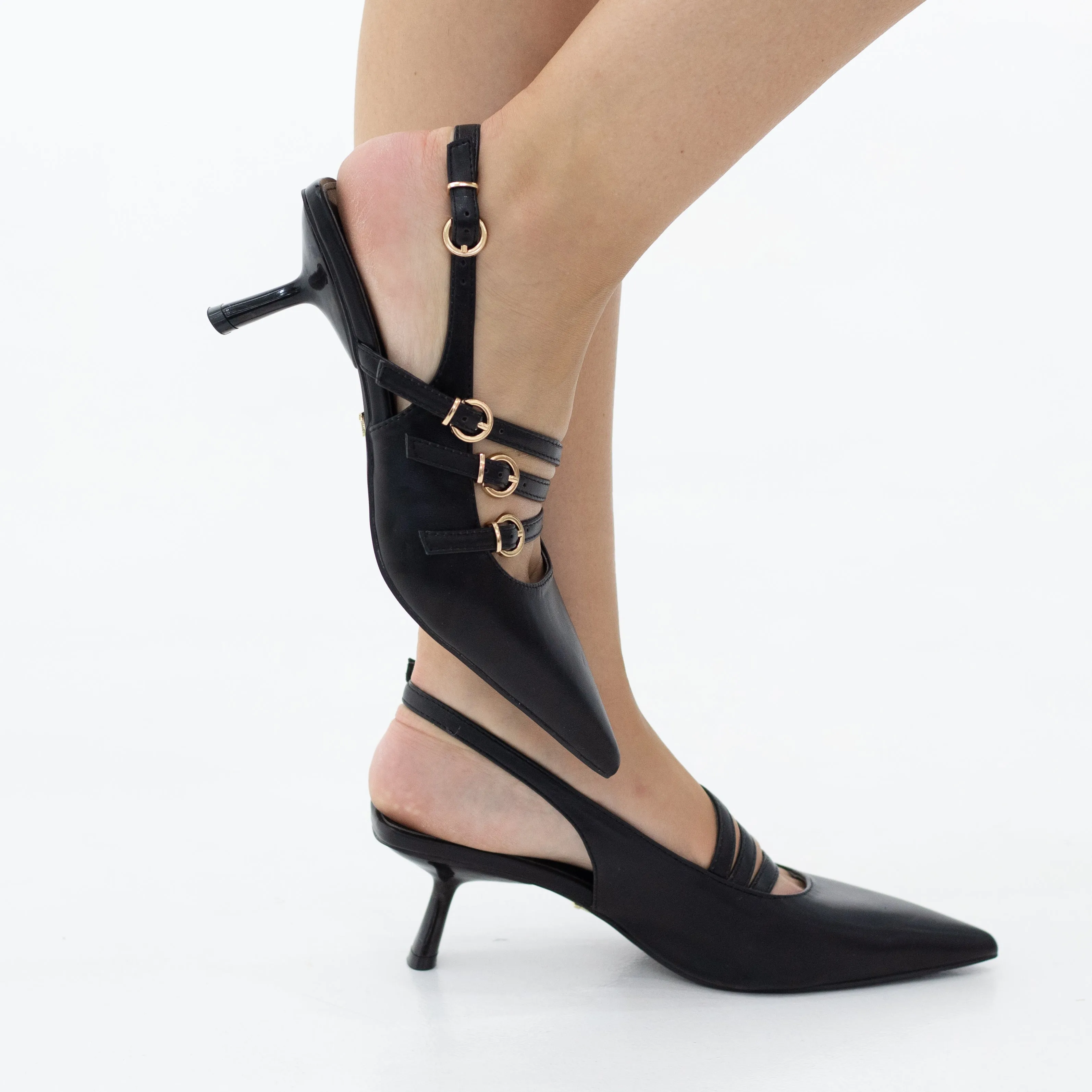 Hilma pointy sling back on a 4cm heel with a twist of side buckles finish