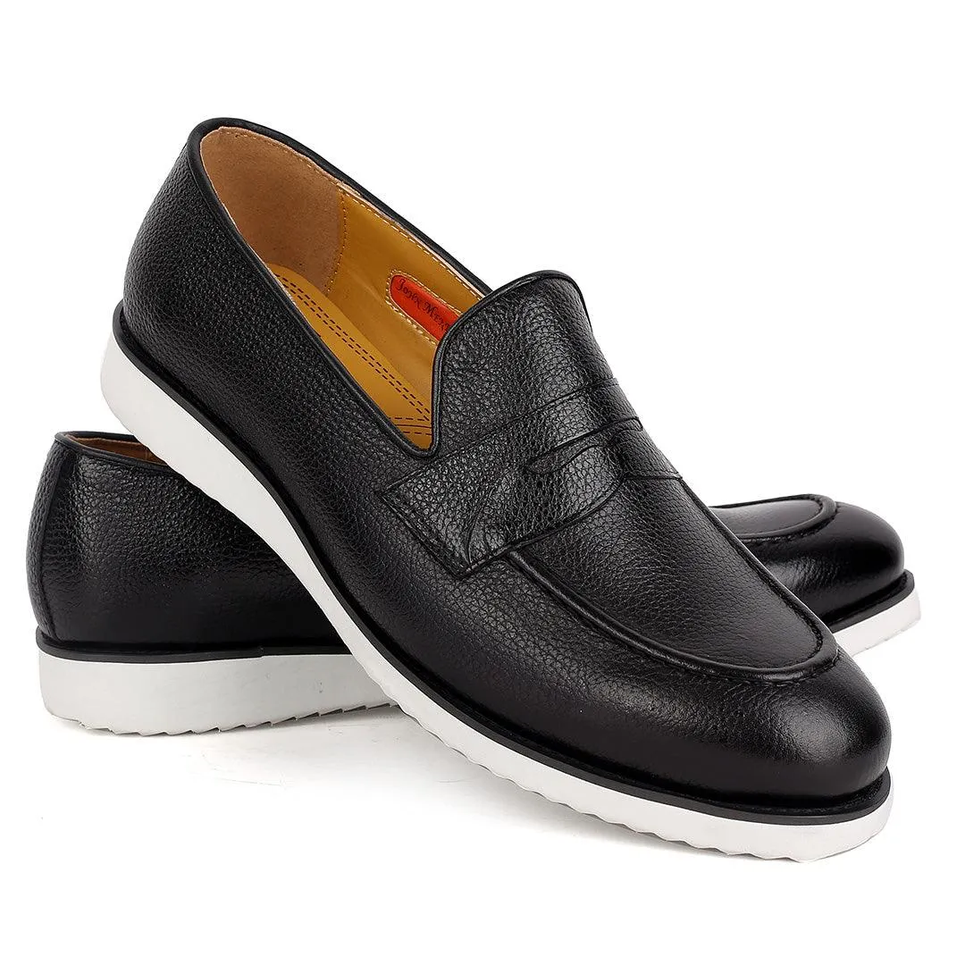 John Mendson Classic Black Leather Shoe With White Solid Sole