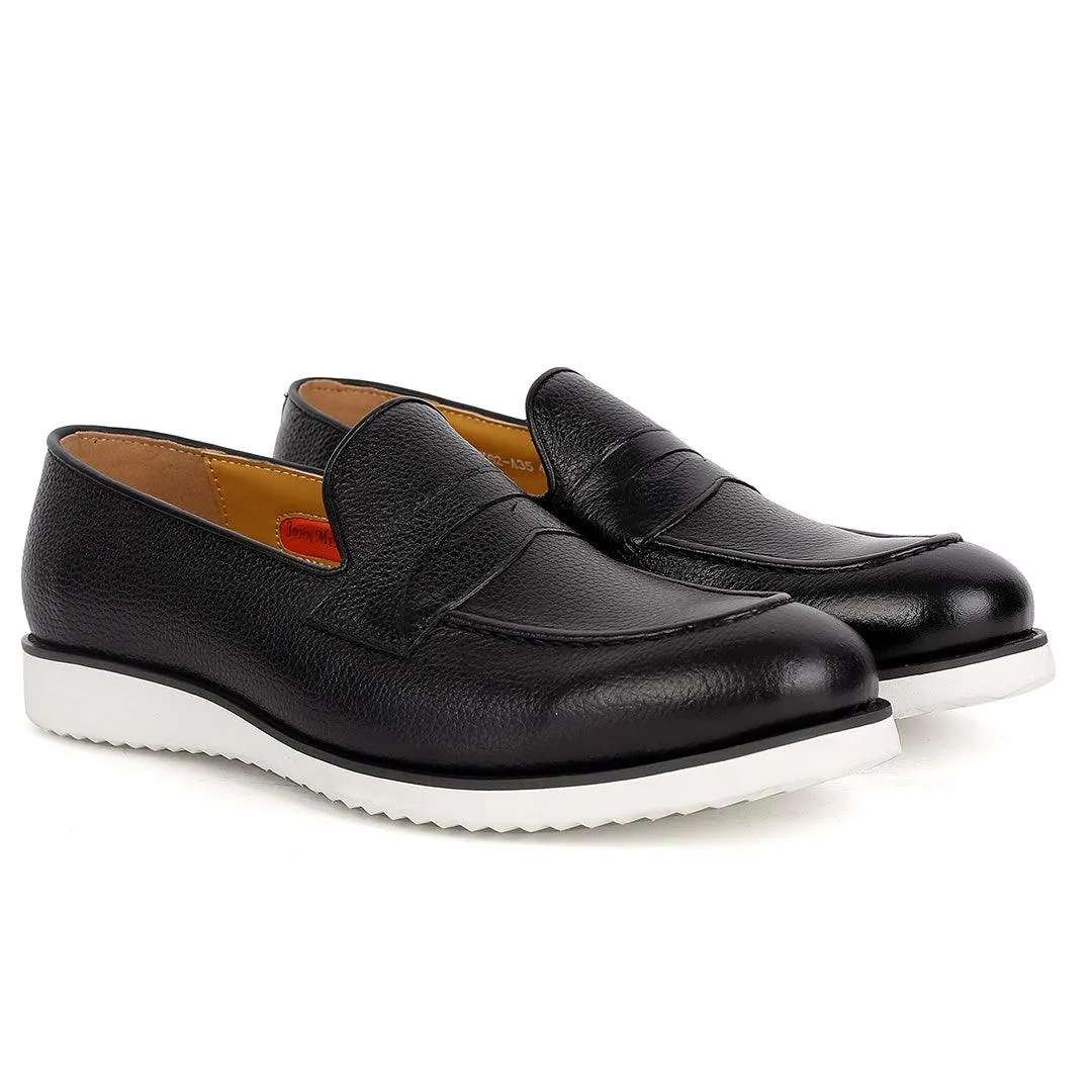 John Mendson Classic Black Leather Shoe With White Solid Sole