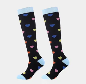 Knee High Colorful Heart Compression Socks, Fun Novelty Women 360 Degree Artwork Character Designed Crew Socks