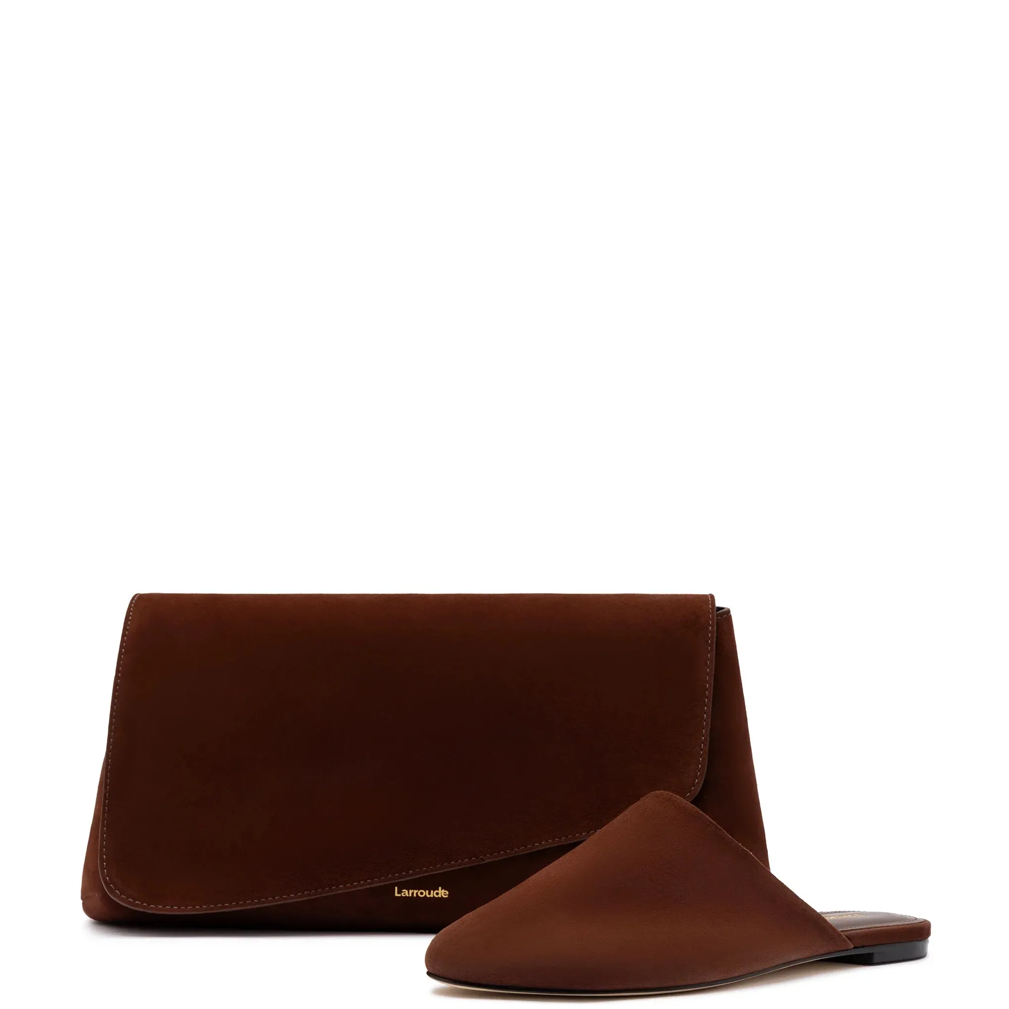 Larroude Venice Flat Mule and Pouch Kit In Brown Suede