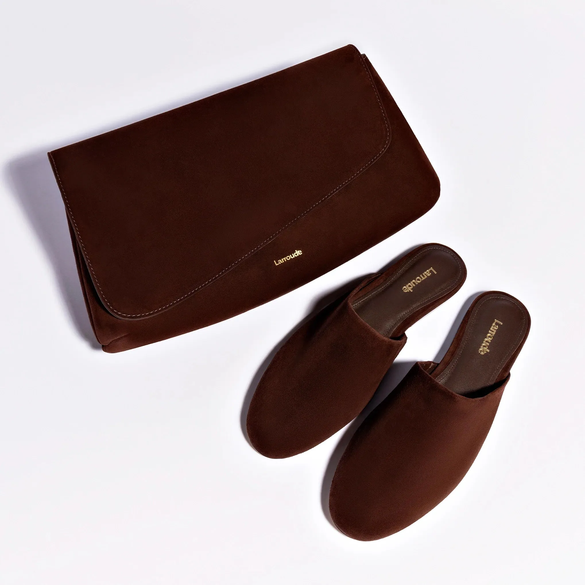 Larroude Venice Flat Mule and Pouch Kit In Brown Suede