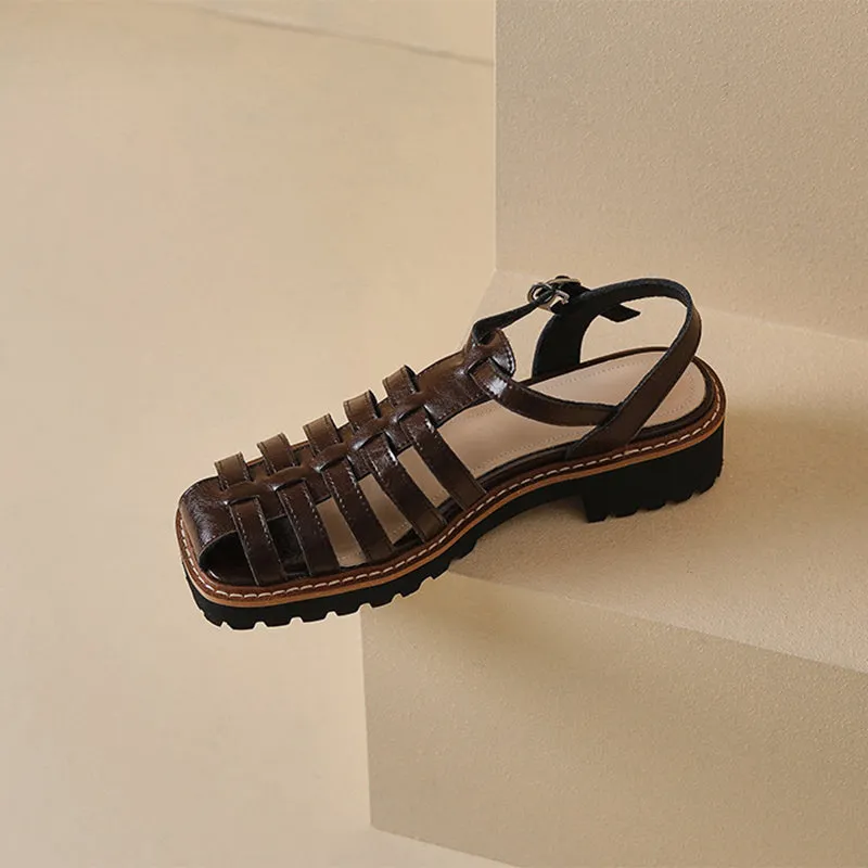 Leather Fisherman Platforms Sandal in Black/Coffee Handmade