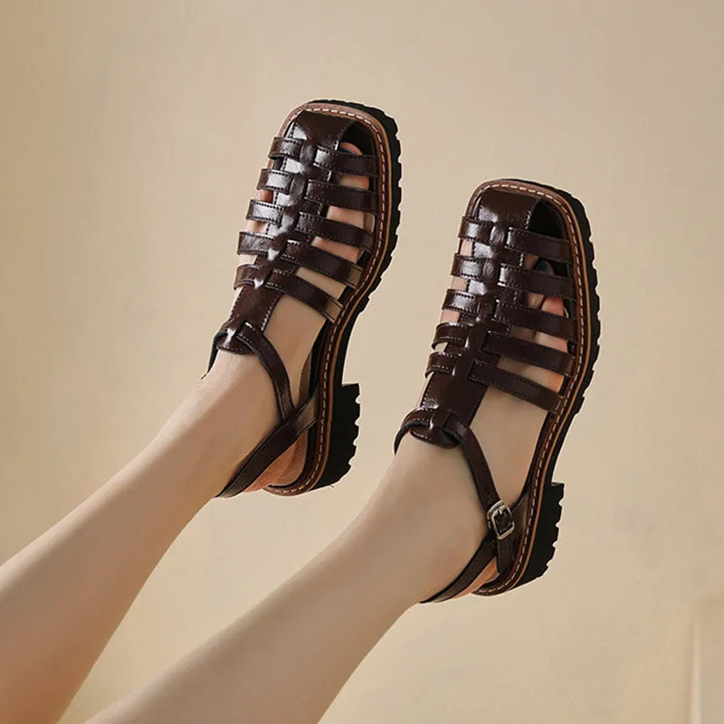 Leather Fisherman Platforms Sandal in Black/Coffee Handmade