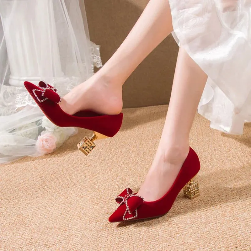 LovelyRLovely Red Sweet Bowtie Crystal High Heels Shoes