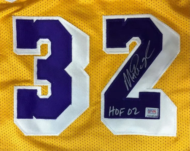 Magic Johnson Los Angeles Signed Yellow Basketball Jersey HOF 02 PSA Hologram