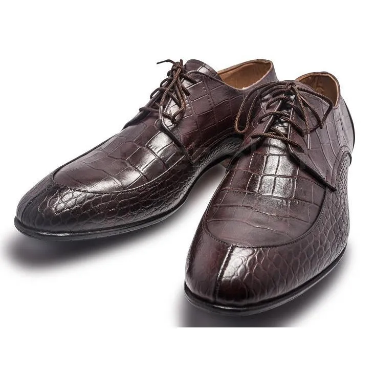 Men Brown Crocodile Shoes with Derby Style and Algonquin Toe