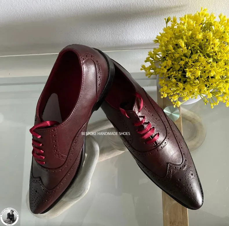 Men Chocolate Brown Italian Leather Oxford Wingtip Brogue Lace Up Handmade Dress Shoes