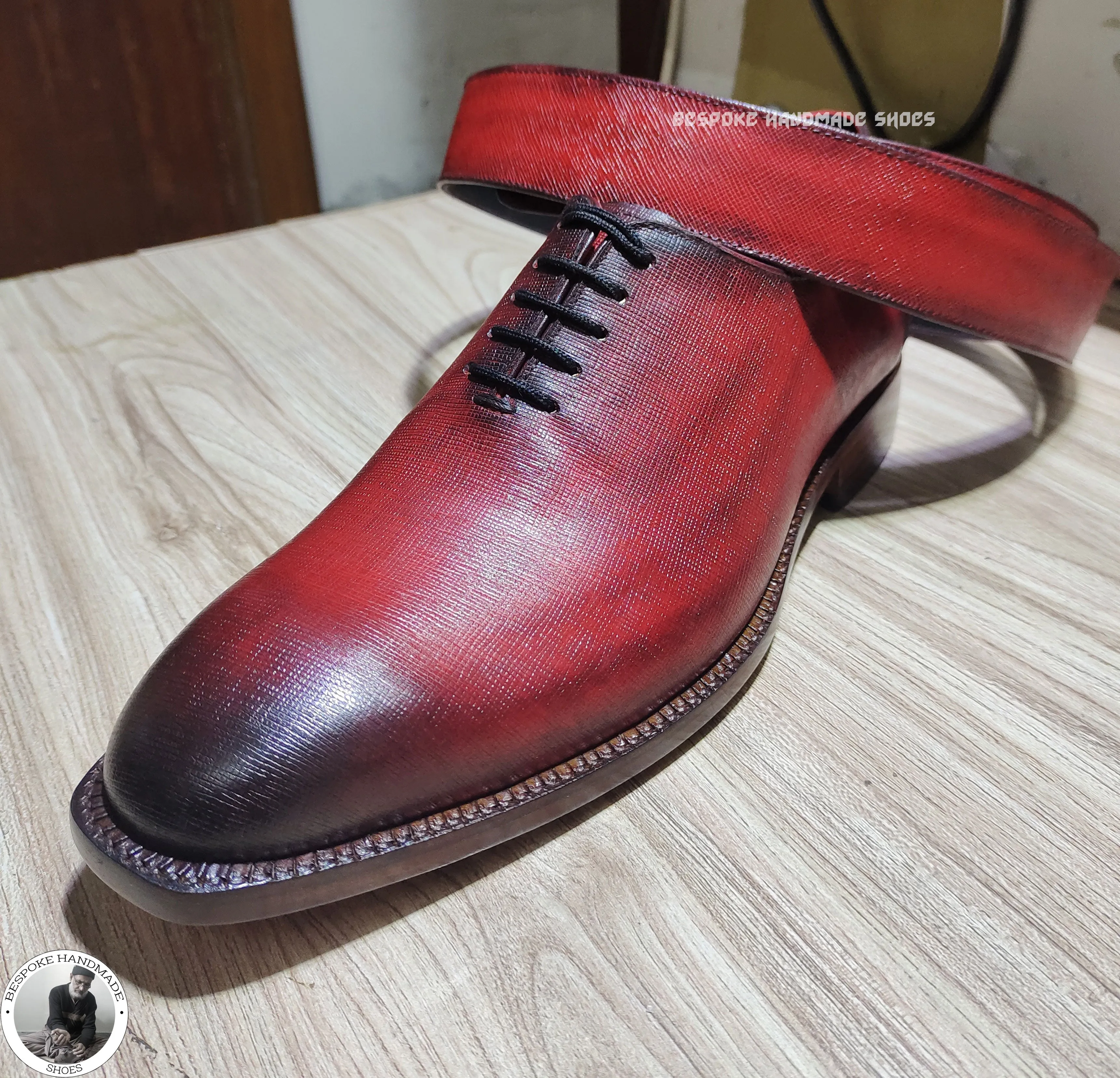 Men's Handmade Shoes, Hand Painted Red Leather Black Shaded Lace up Oxford Dress Shoes