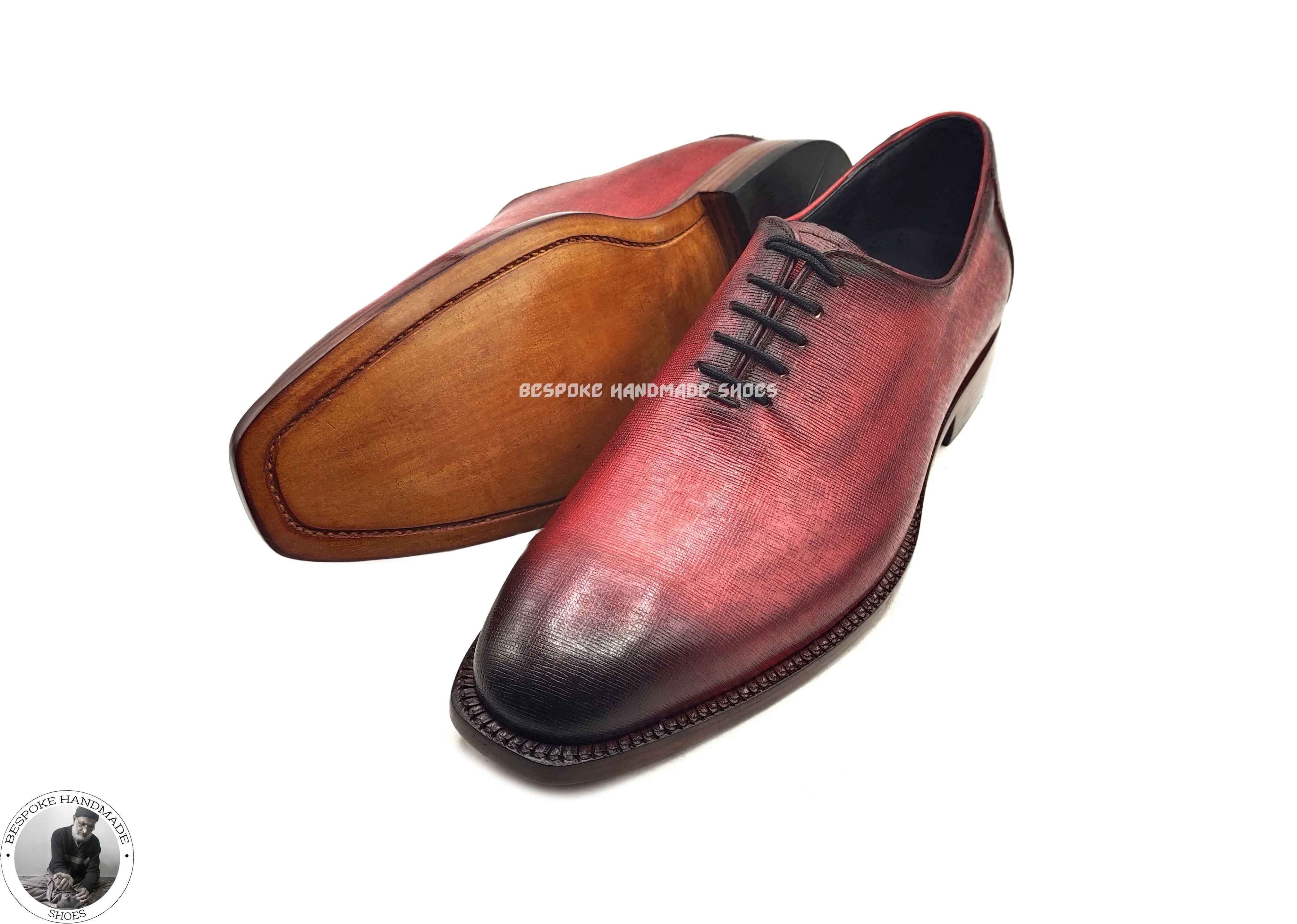 Men's Handmade Shoes, Hand Painted Red Leather Black Shaded Lace up Oxford Dress Shoes