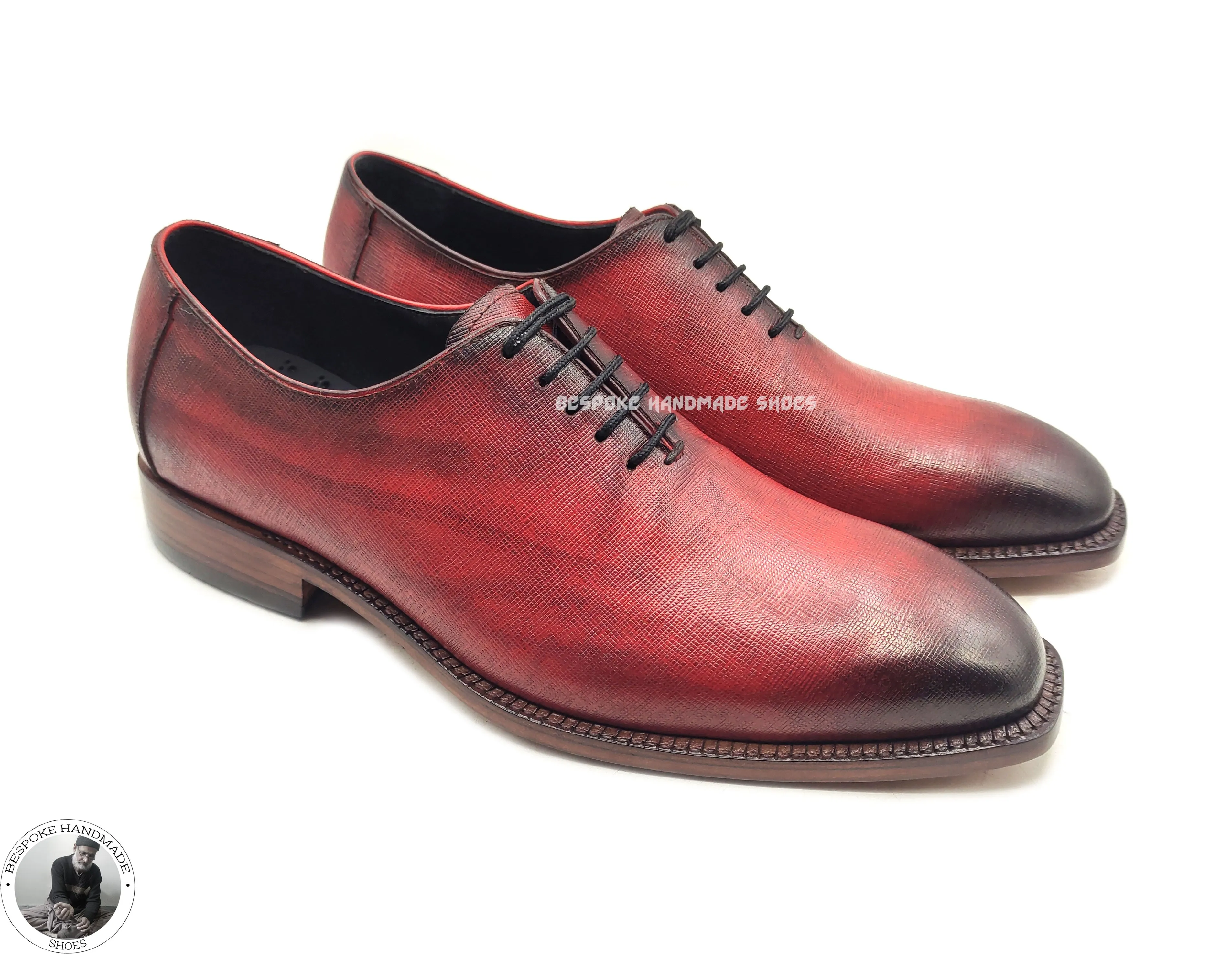 Men's Handmade Shoes, Hand Painted Red Leather Black Shaded Lace up Oxford Dress Shoes