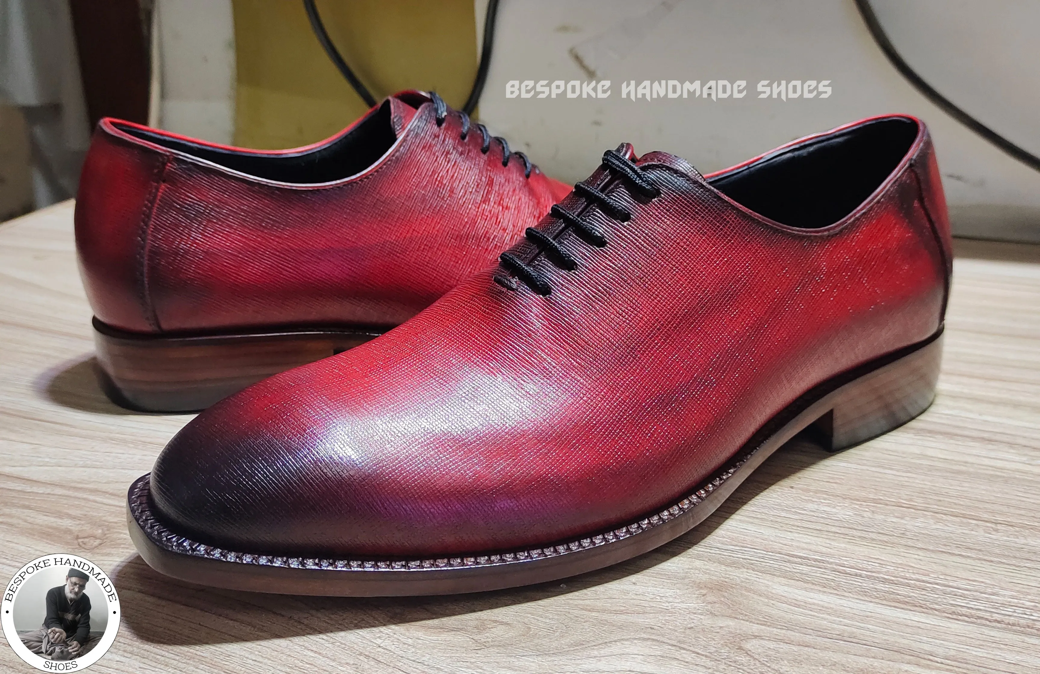 Men's Handmade Shoes, Hand Painted Red Leather Black Shaded Lace up Oxford Dress Shoes