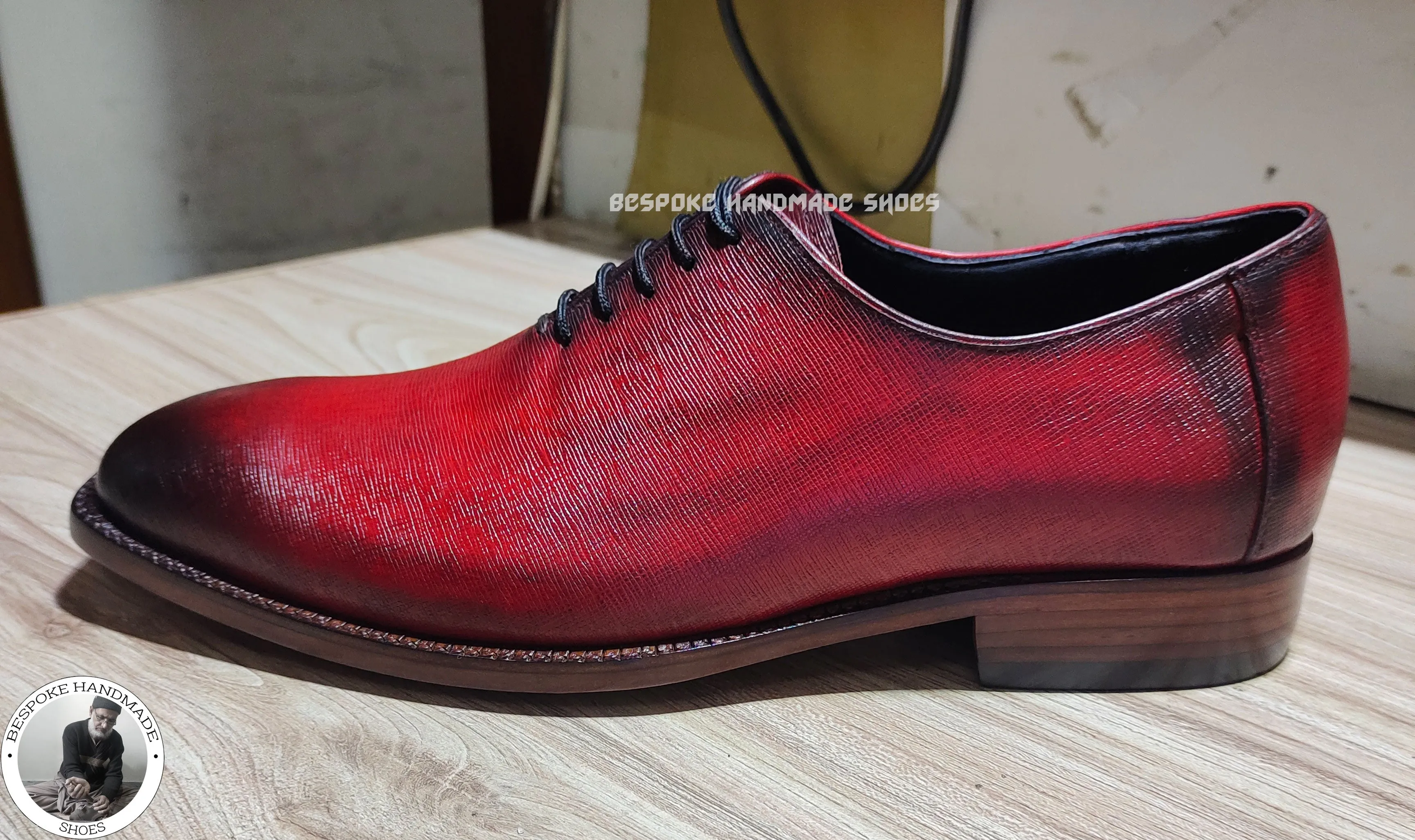 Men's Handmade Shoes, Hand Painted Red Leather Black Shaded Lace up Oxford Dress Shoes