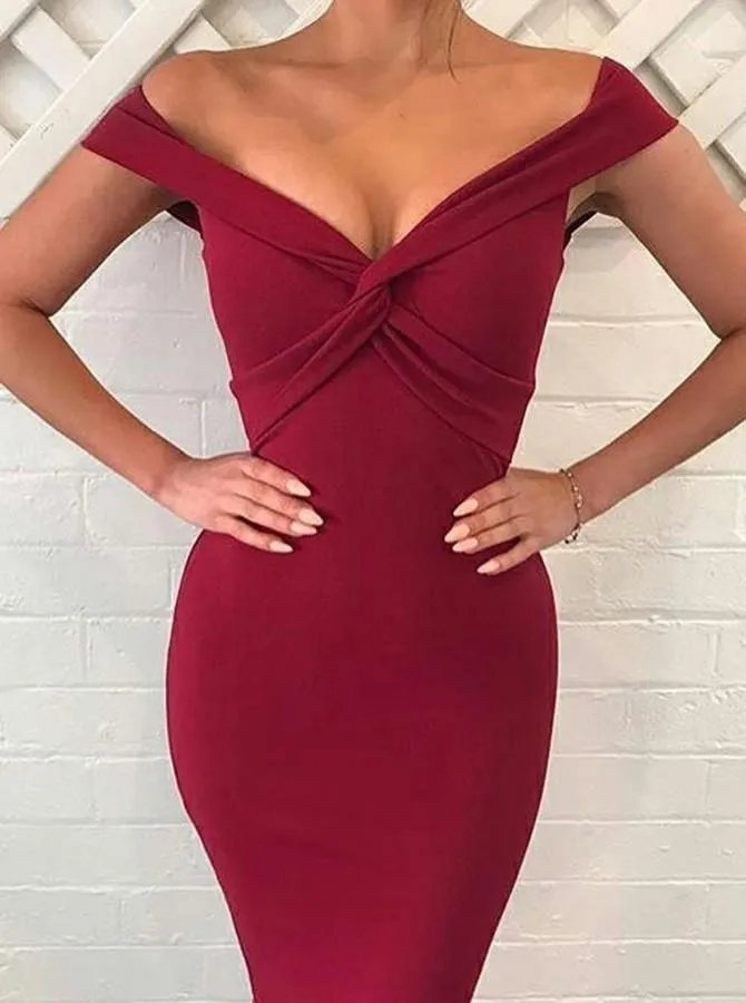 Mermaid Off-the-Shoulder Sweep Train Burgundy Satin Prom Dress PG792