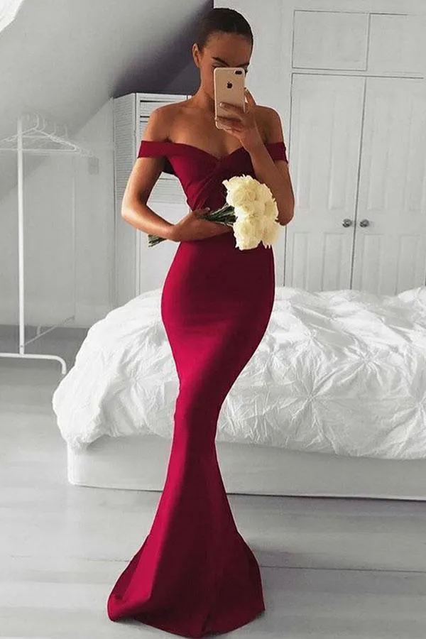 Mermaid Off-the-Shoulder Sweep Train Burgundy Satin Prom Dress PG792