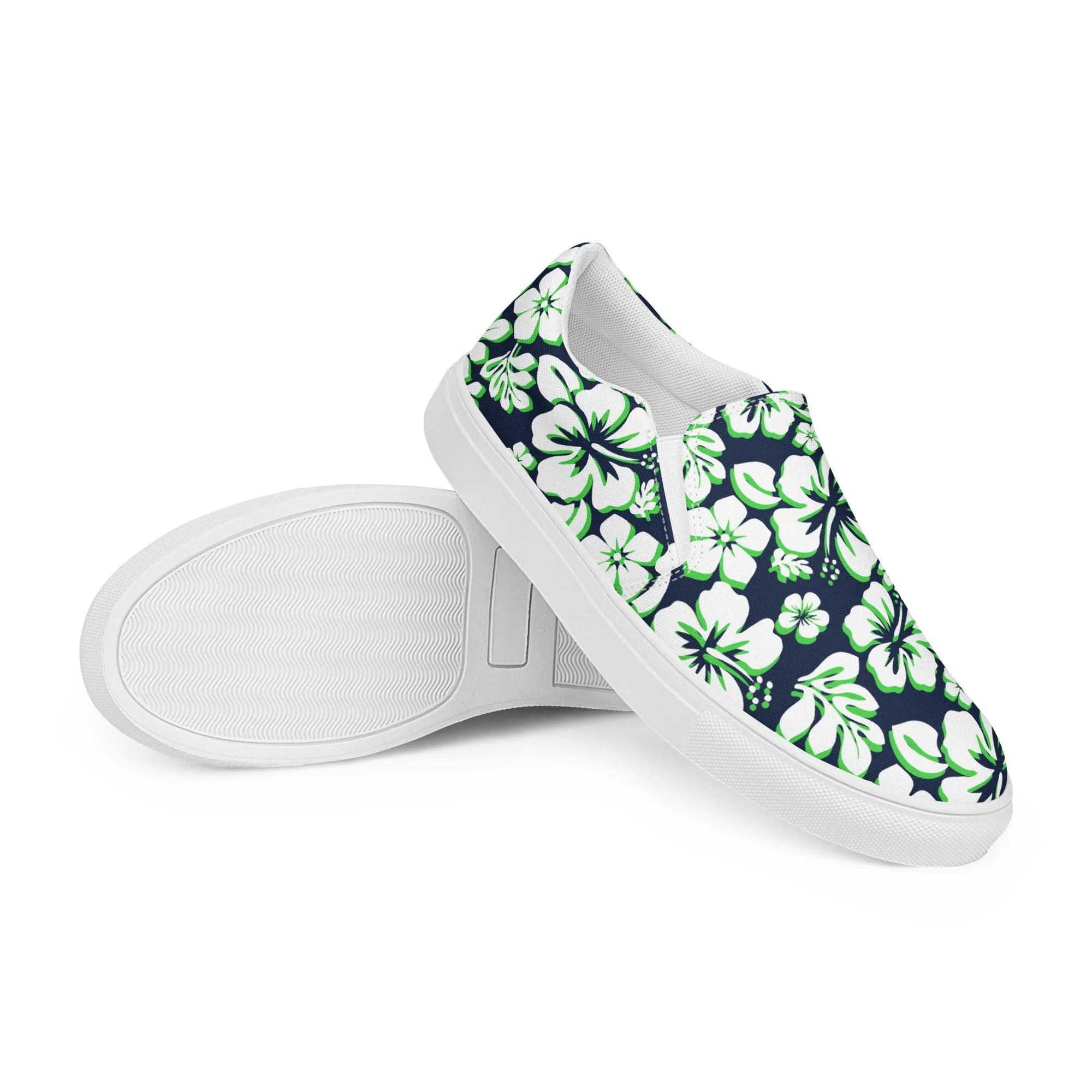 Navy Blue, Lime and White Hawaiian Flowers Men’s Slip On Canvas Shoes