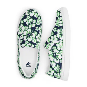 Navy Blue, Lime and White Hawaiian Flowers Men’s Slip On Canvas Shoes