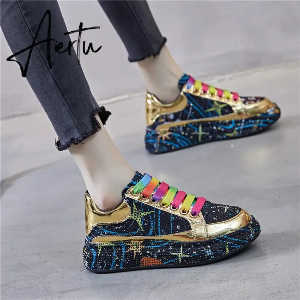 New Spring Women Sneakers Fashion rhinestones Thick Sole Sports Shoes for Youth School Shoes Crystal Silver Platform Sneakers