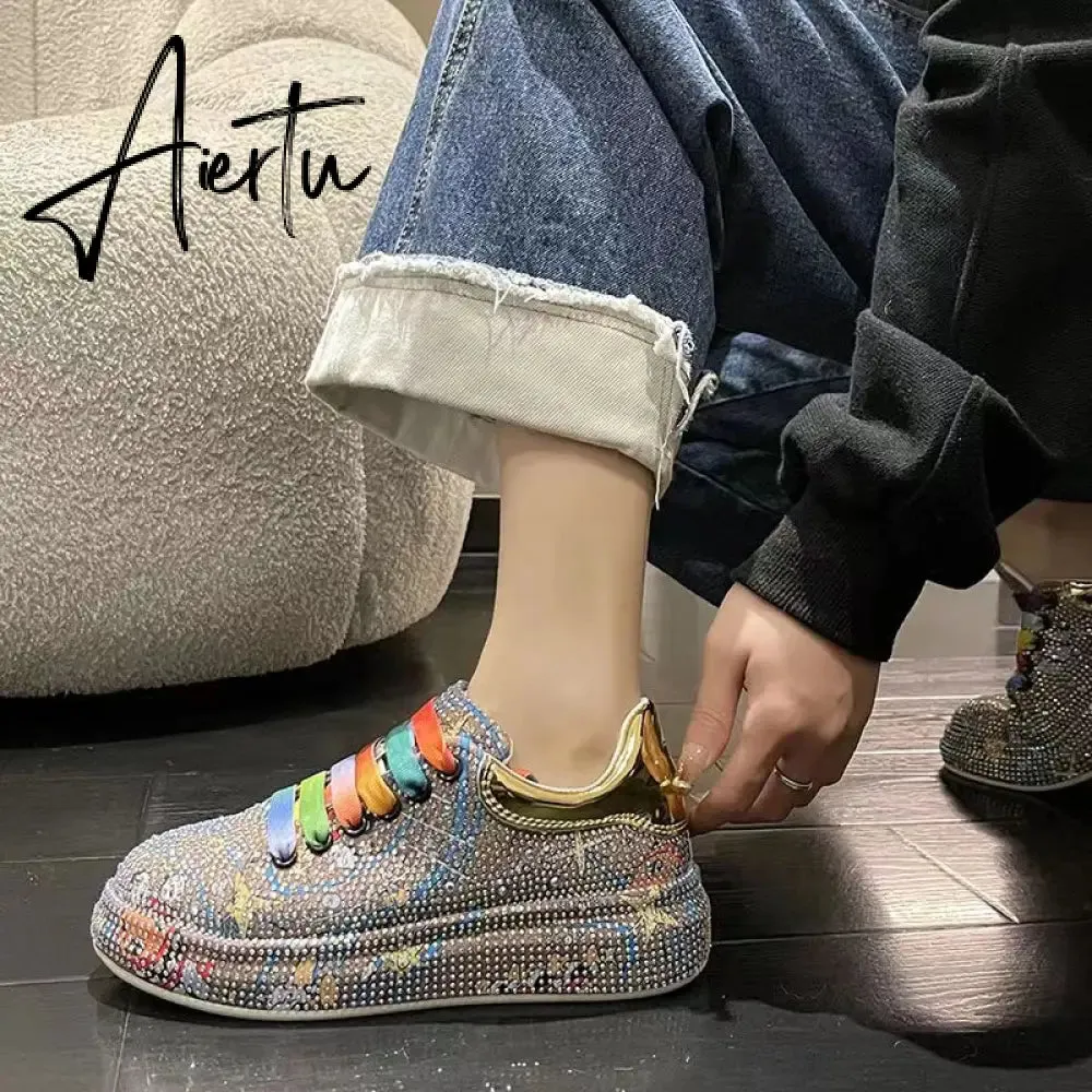 New Spring Women Sneakers Fashion rhinestones Thick Sole Sports Shoes for Youth School Shoes Crystal Silver Platform Sneakers