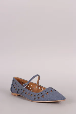 Qupid Laser Cutout Denim Pointy Toe Mary Jane Flat