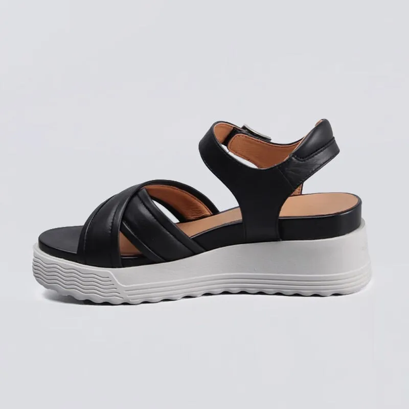 Retro Chunky Leather X Strappy Sandals in Black/White - Womens Platform Slingback