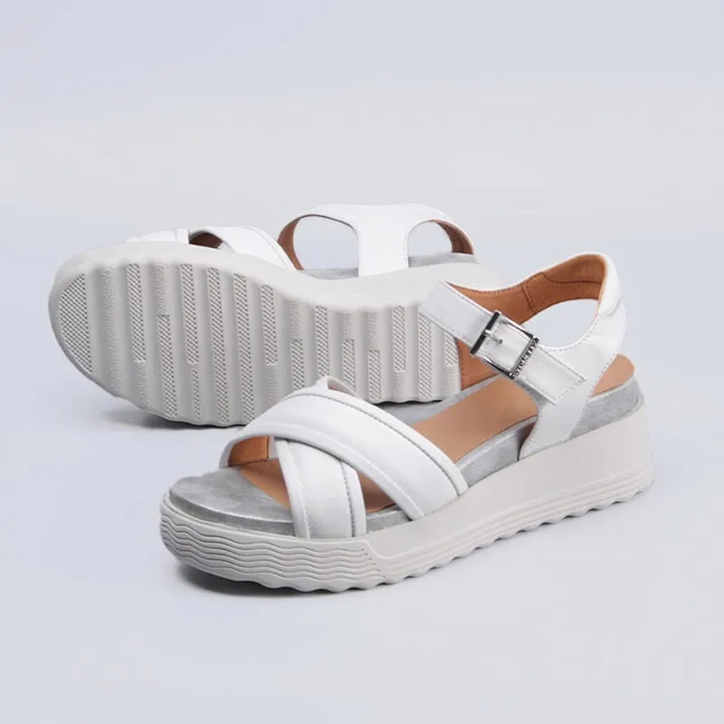 Retro Chunky Leather X Strappy Sandals in Black/White - Womens Platform Slingback