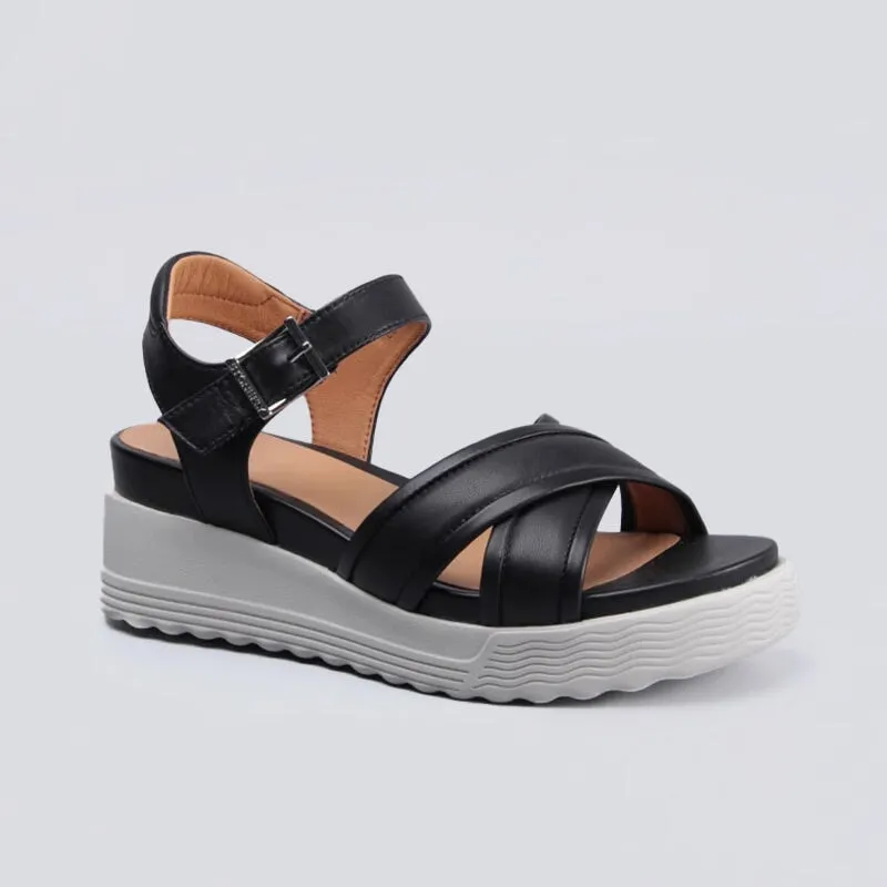 Retro Chunky Leather X Strappy Sandals in Black/White - Womens Platform Slingback