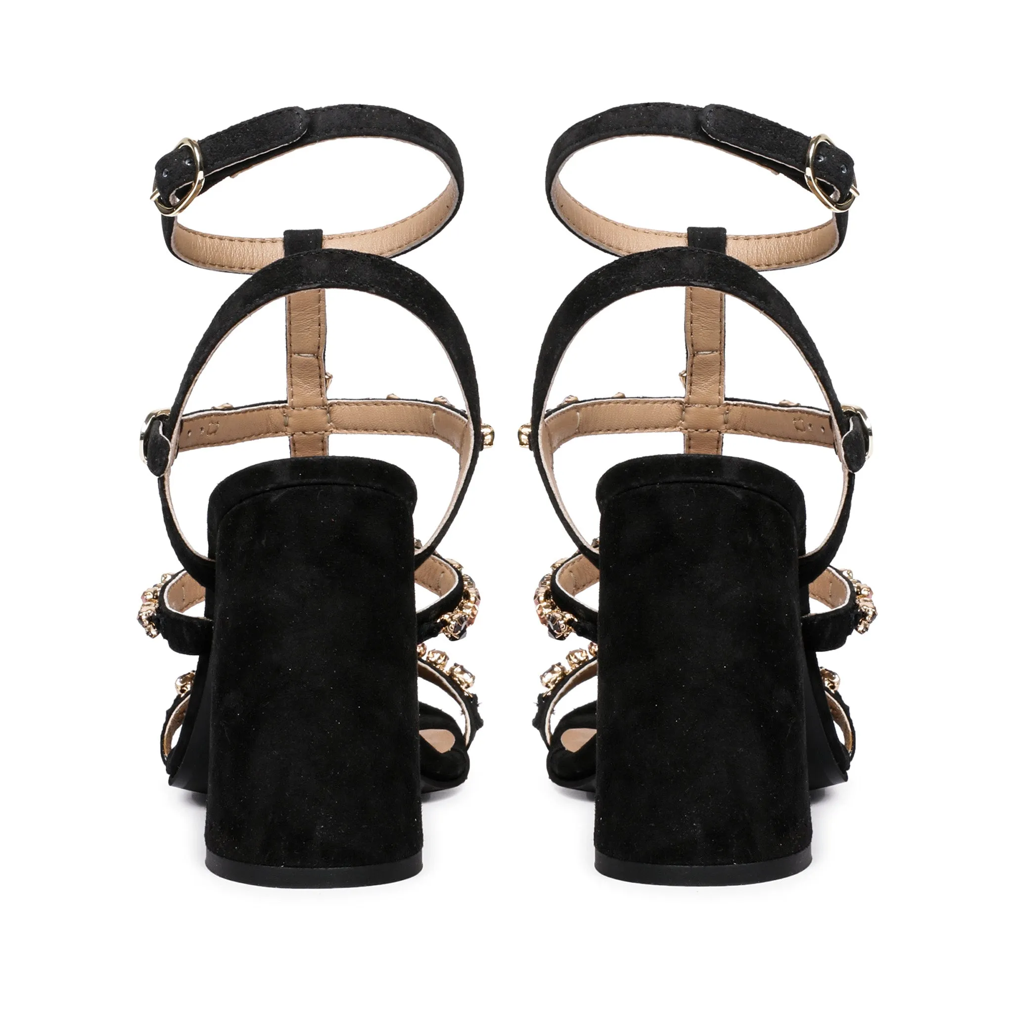 Saint Gretel Multi Stone Embellished Black Leather Cage Block Heels