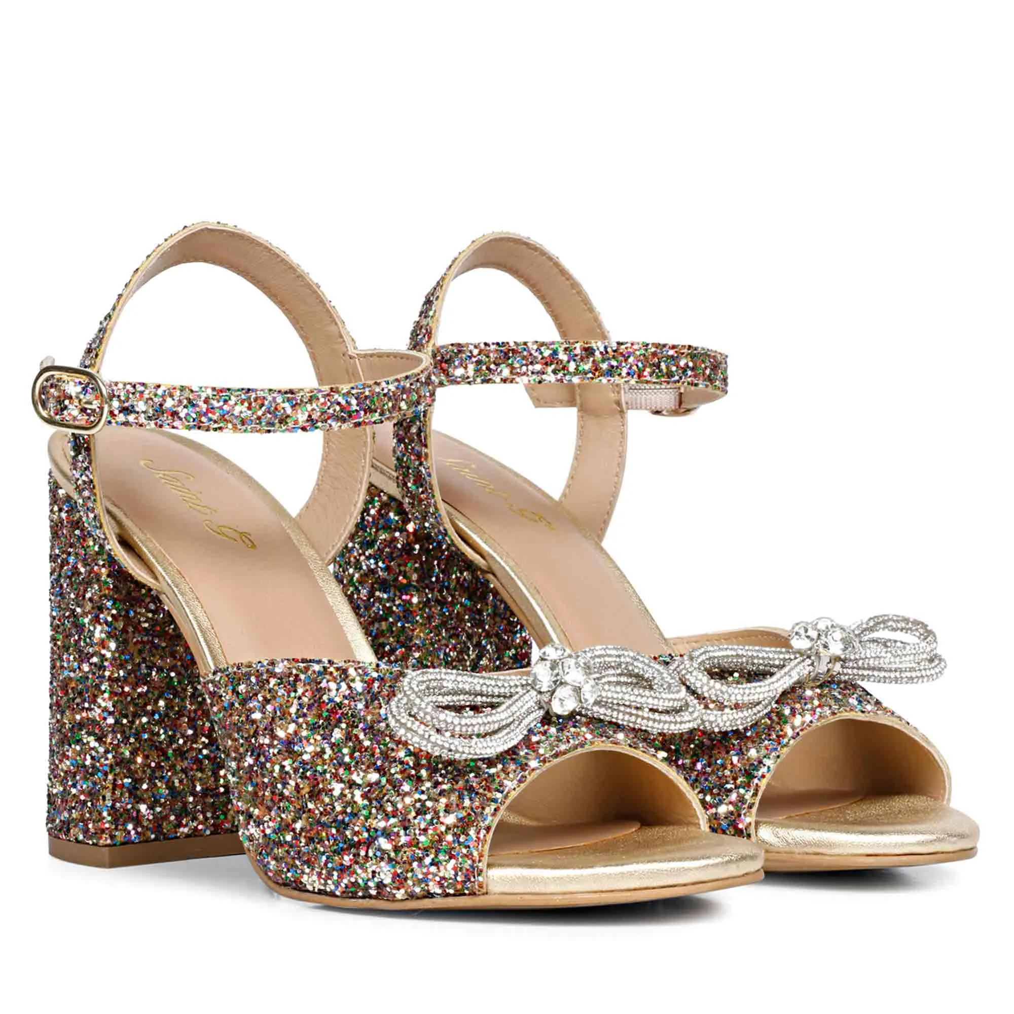 Saint Leonara Bow Detail Multi Glitter Leather Block Heels