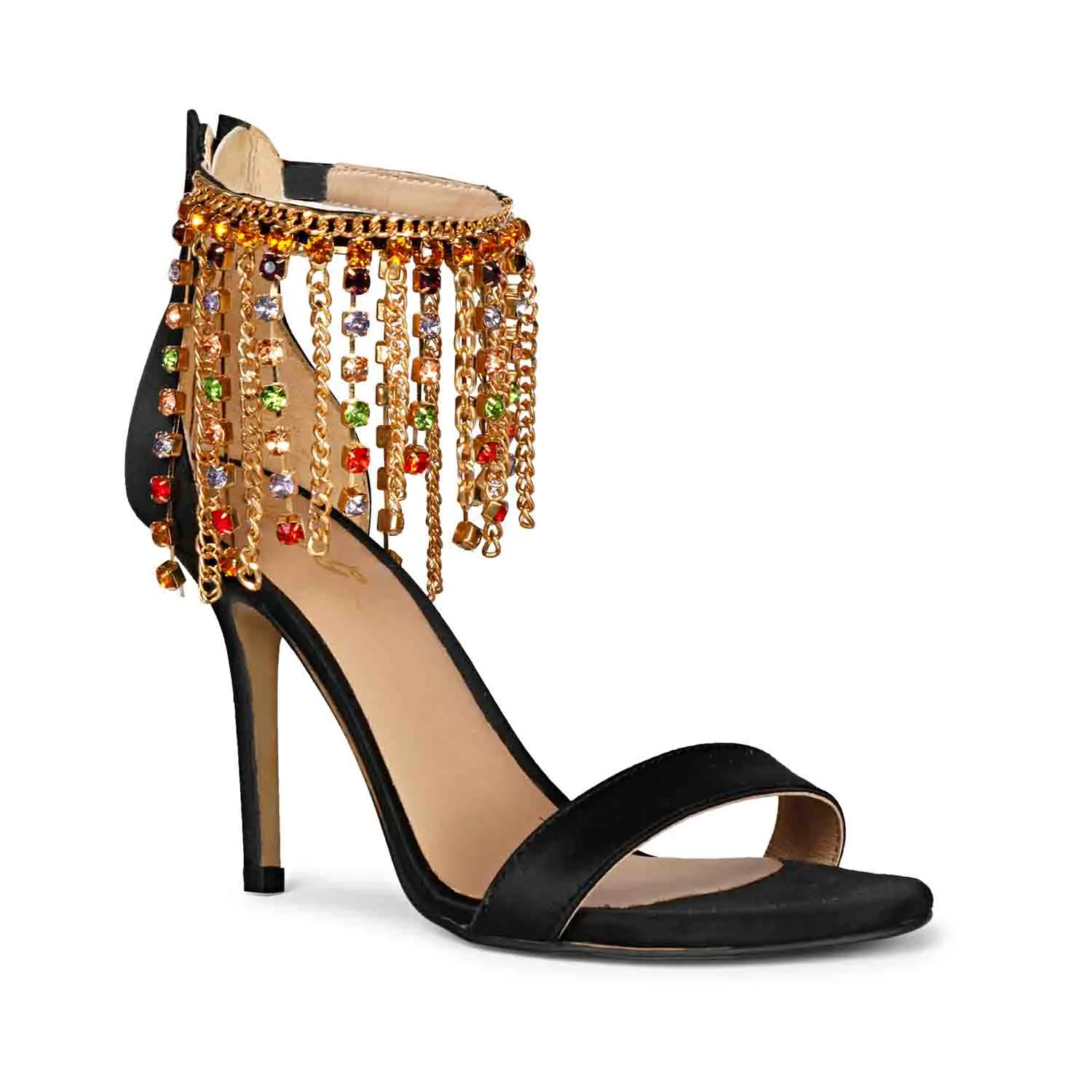 Saint Luana Multi Stone Studded Chain Black Satin Stilettos