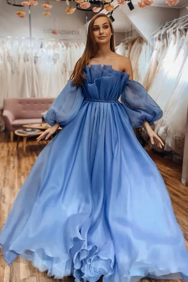 Scoop Neck Blue Off The Shoulder Long Sleeves Blue Prom Dress PSK336