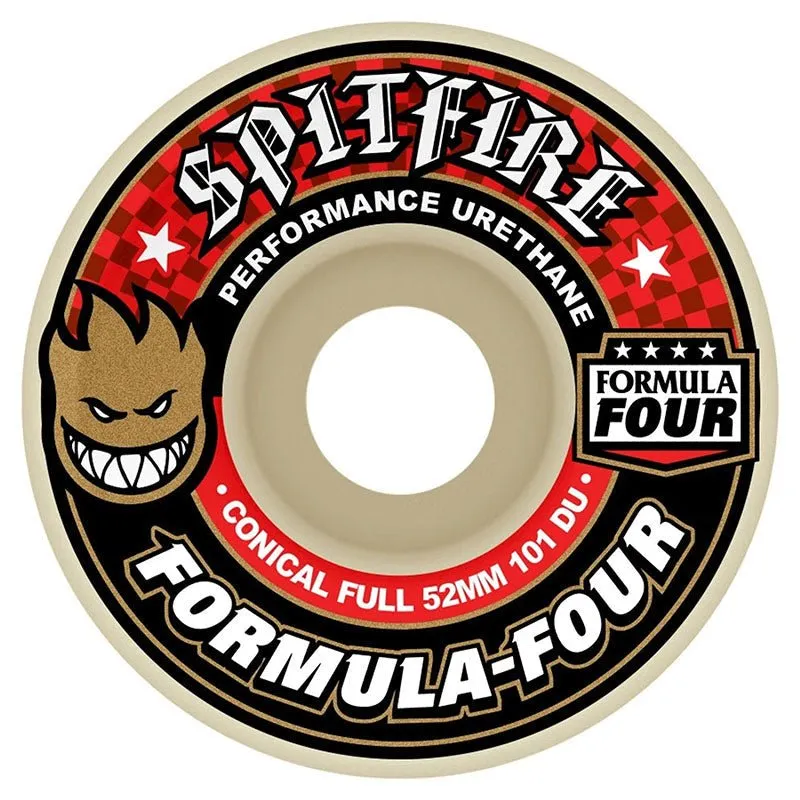 Spitfire 52mm 101d Formula Four Conical Full White W/Red & Black Skateboard Wheels 4pk