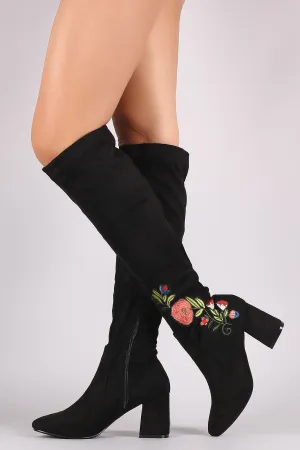 Suede Floral Patch Block Heeled Knee High Boots