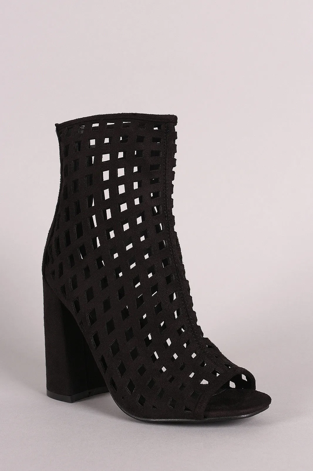 Suede Perforated Peep Toe Chunky Heeled Booties