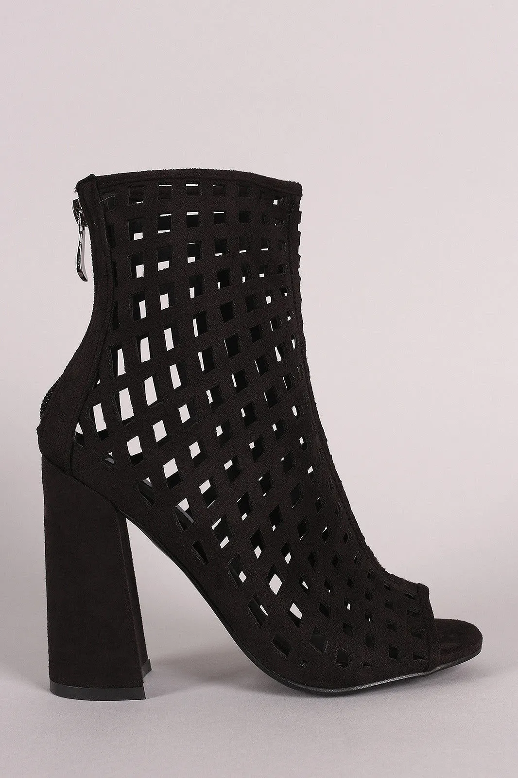 Suede Perforated Peep Toe Chunky Heeled Booties