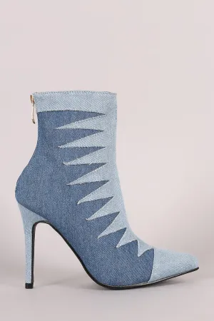 Two Tone Denim Patchwork Pointy Toe Booties