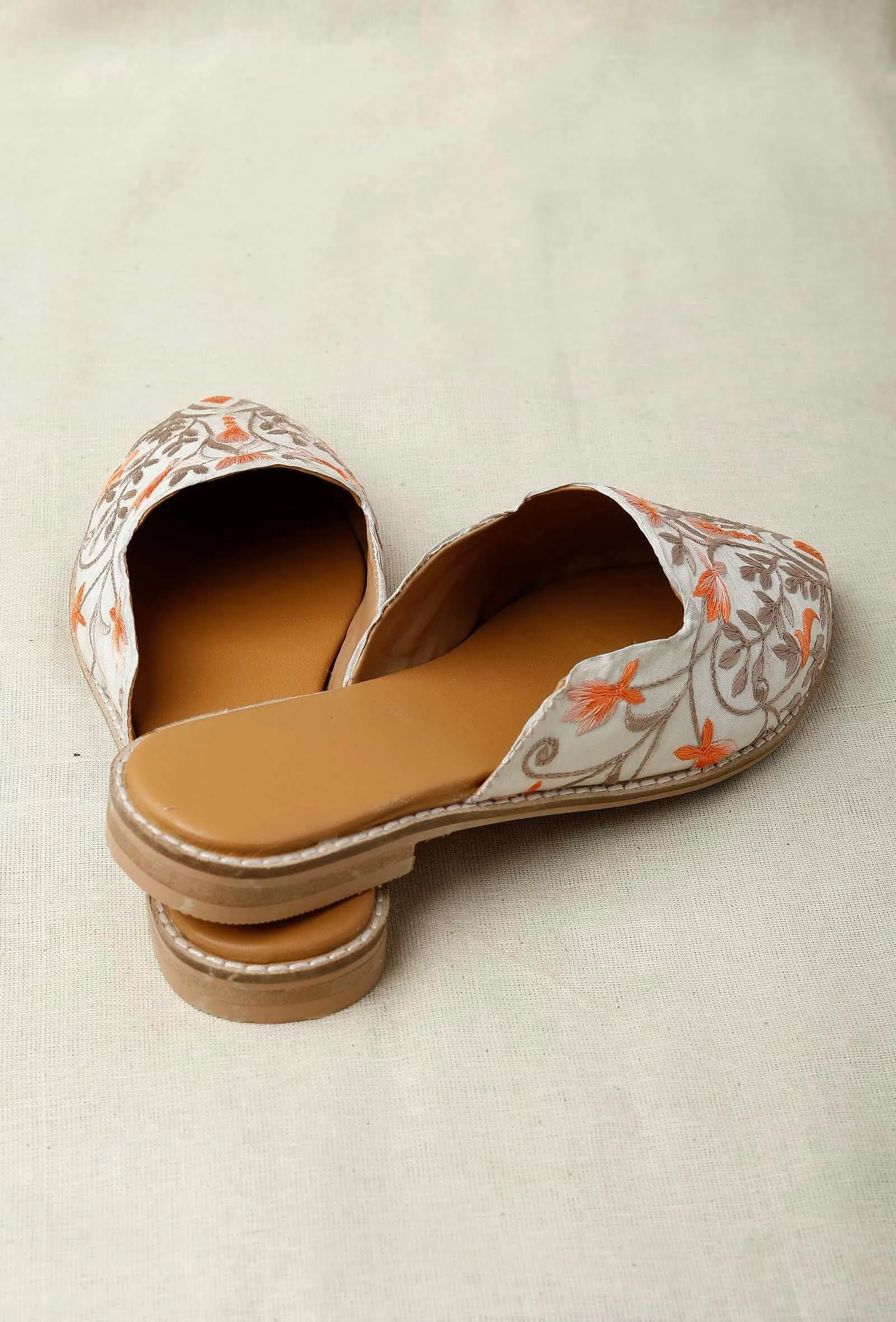 White Embroidered Dupion Silk Mules