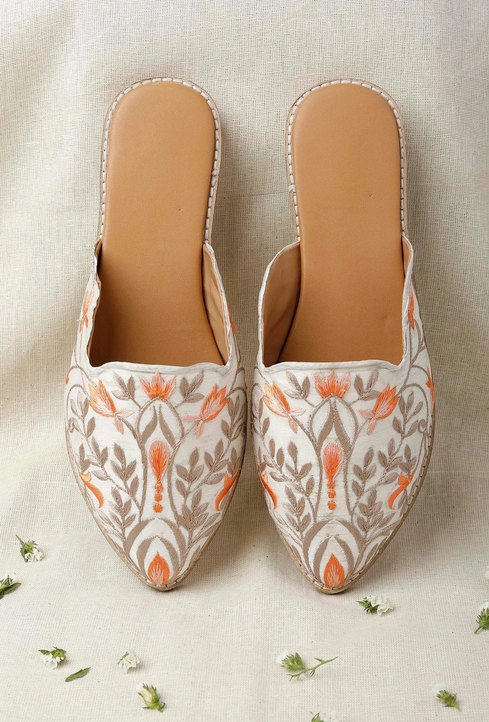 White Embroidered Dupion Silk Mules