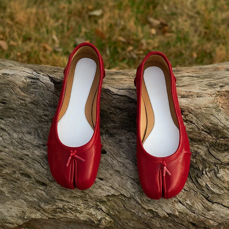 Women's Leather Casual Flats Split Toe Loafers Black/Red/Silver/Apricot