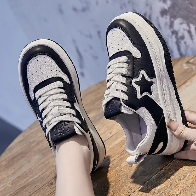 Womens Leather Platform Star Lace Up Sneakers