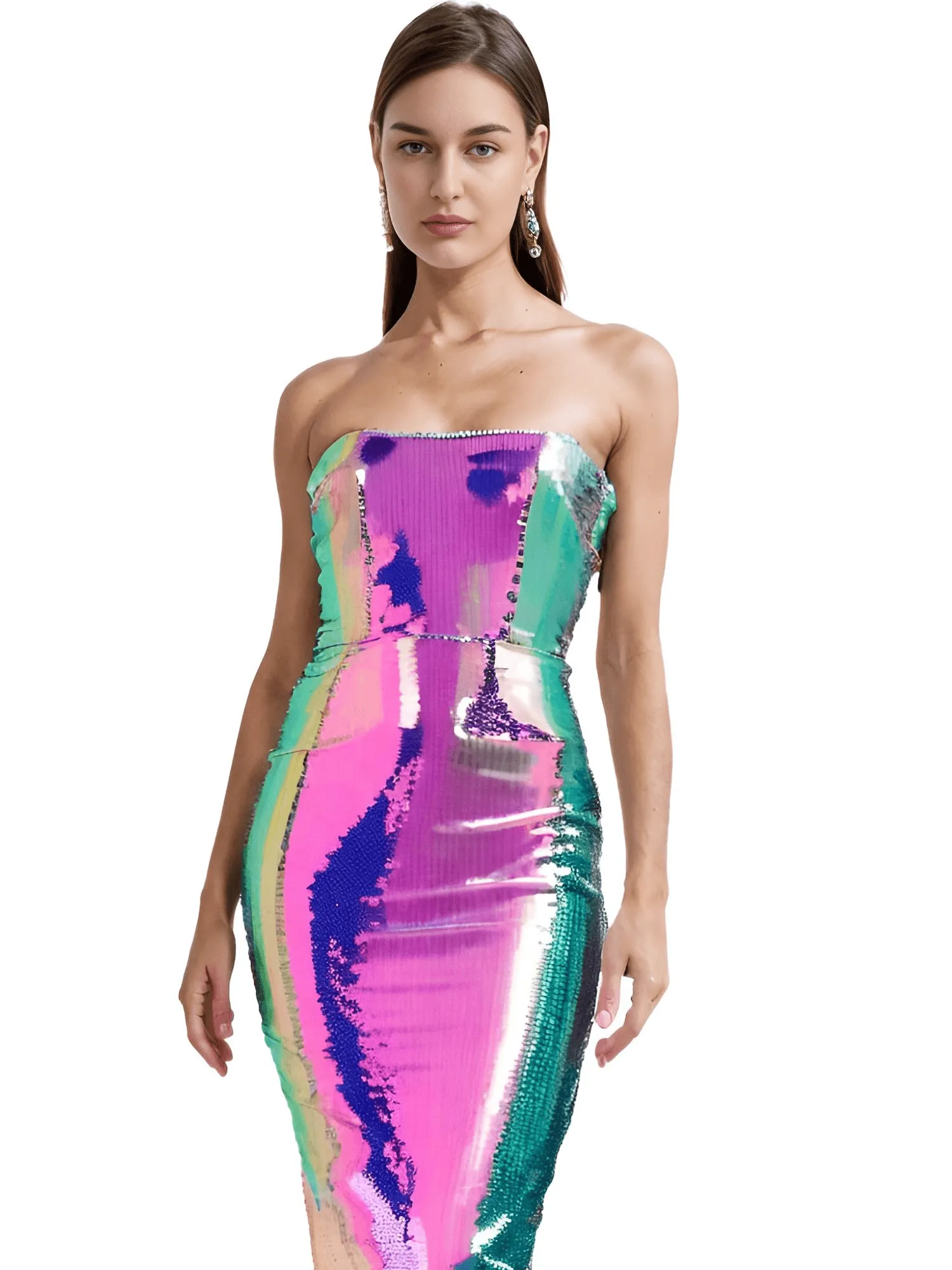 Women's Strapless High Slit Colorful Sequins Custom Evening Party Dress