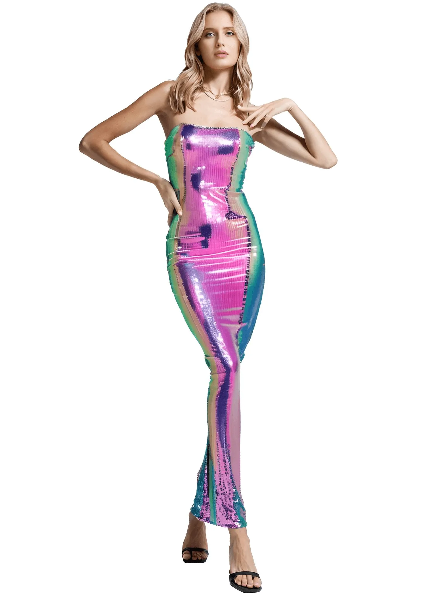 Women's Strapless High Slit Colorful Sequins Custom Evening Party Dress