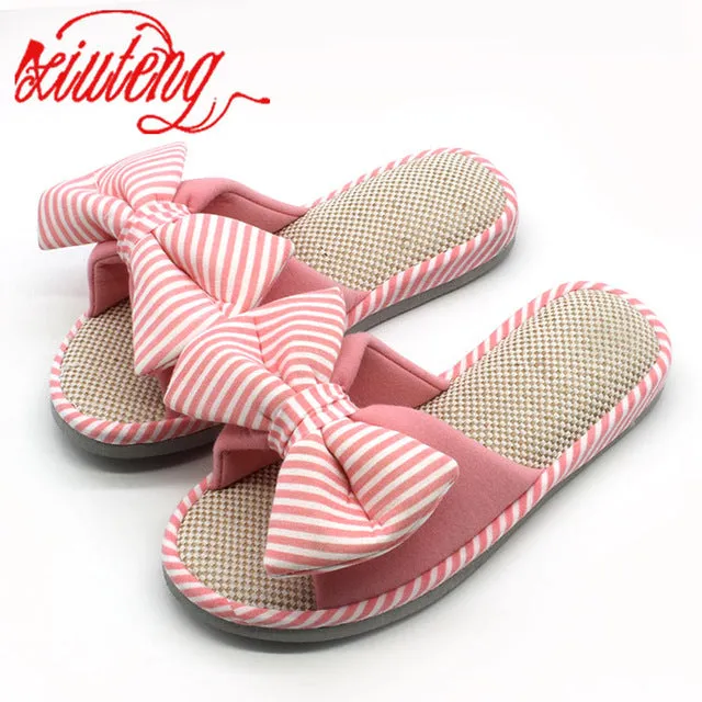 Xiuteng Candy color Warm Home Slippers Women Bedroom Winter Slippers Cartoon Bowtie Indoor Slippers Cotton Floor Home Flax Shoes