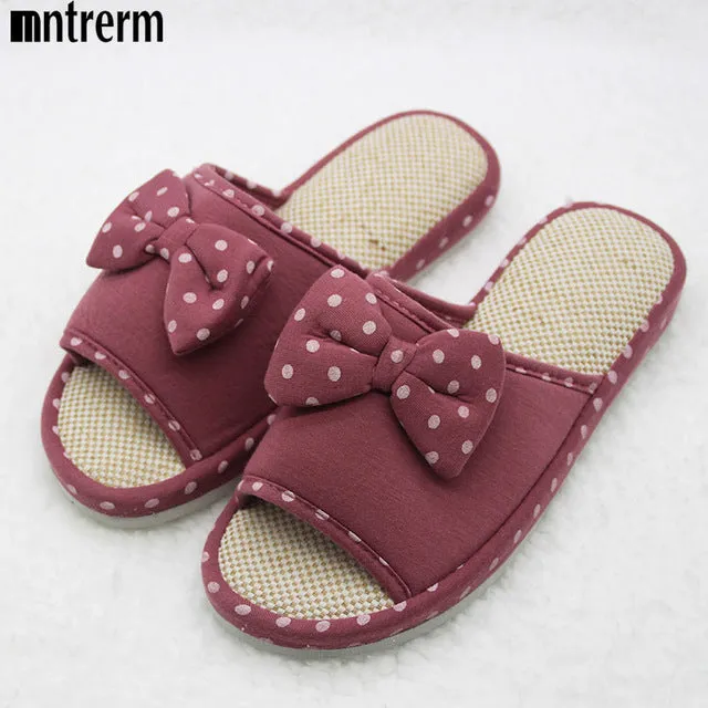 Xiuteng Candy color Warm Home Slippers Women Bedroom Winter Slippers Cartoon Bowtie Indoor Slippers Cotton Floor Home Flax Shoes