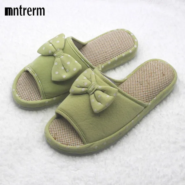 Xiuteng Candy color Warm Home Slippers Women Bedroom Winter Slippers Cartoon Bowtie Indoor Slippers Cotton Floor Home Flax Shoes